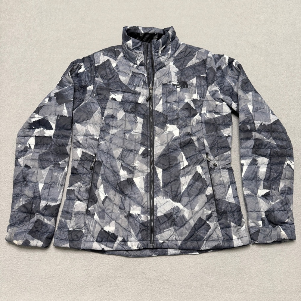 The North Face Thermoball Jacket Womens Medium Gray Abstract Quilted Puffer Coat